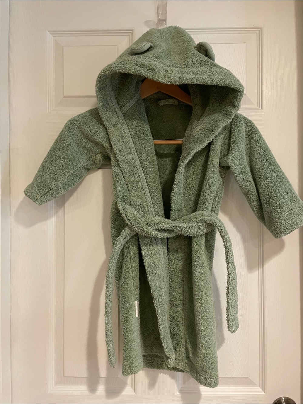 Two Natemia organic cotton Hooded Kids bath Robes - Sage Green and light grey